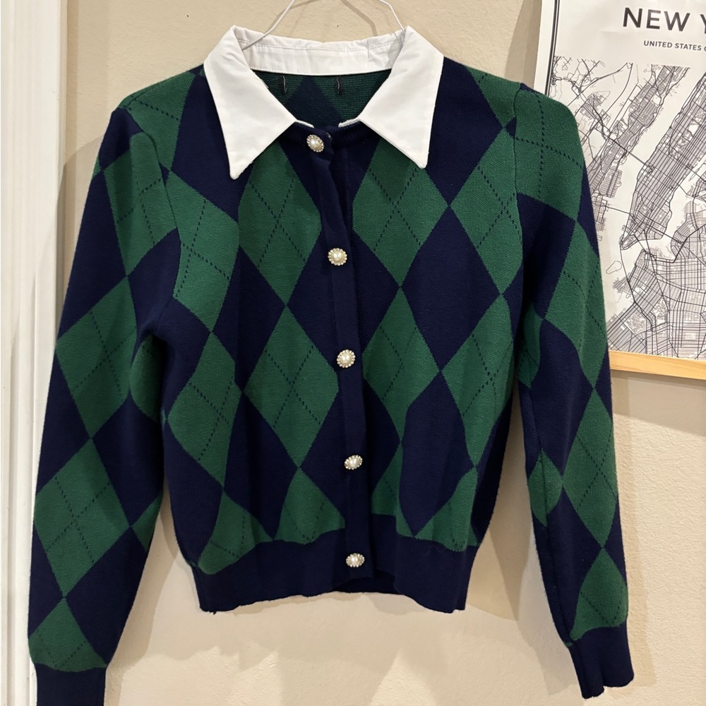 blue and green argyle knitted cardigan with pearl buttons and collar